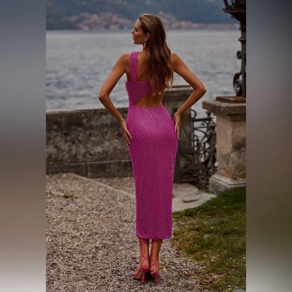 Hot pink , sexy cut out beaded midi dress - Picture 2 of 8
